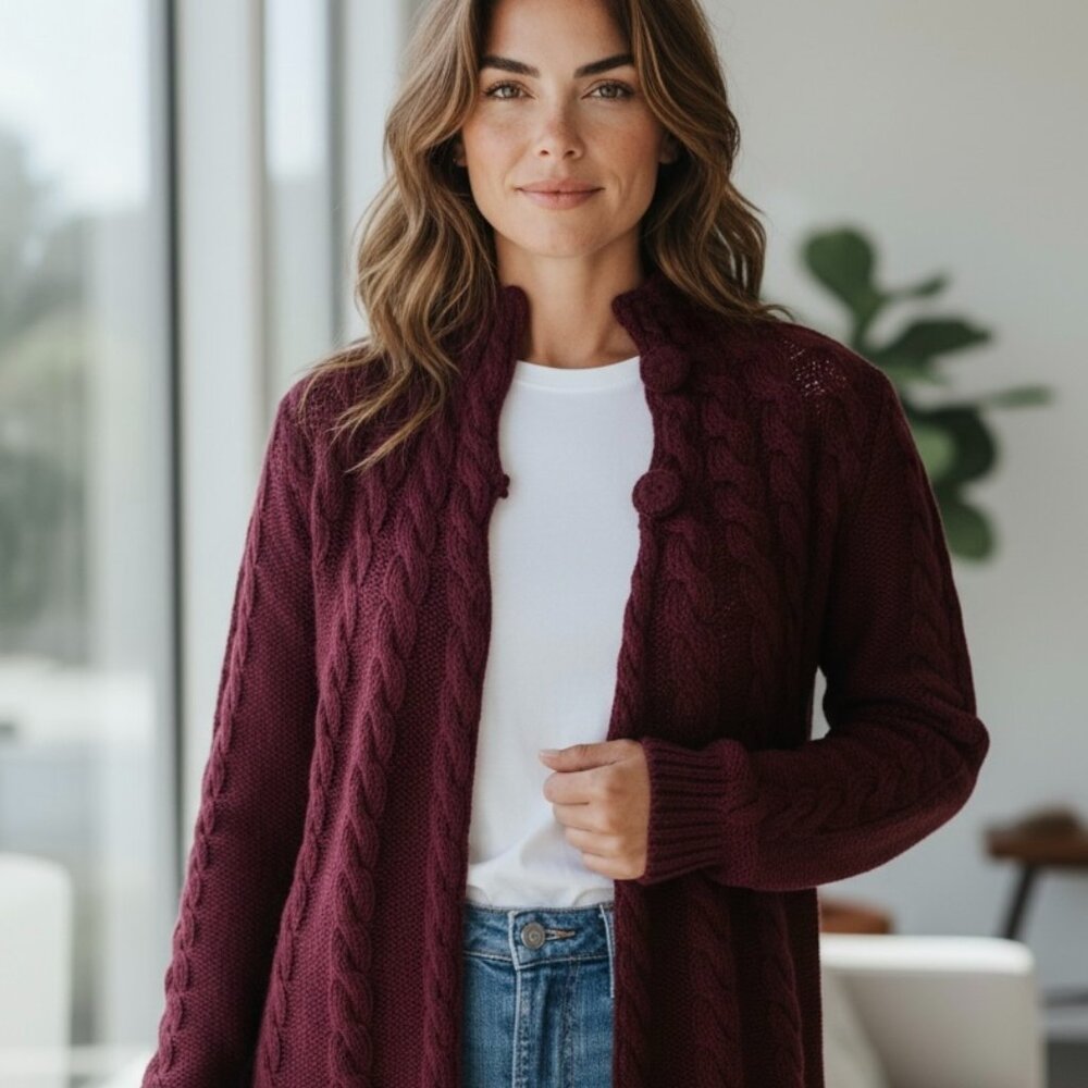NEW Macy’s INC Cardigan Sweater Women’s Size Large Burgundy Cable Knit 3 Buttons